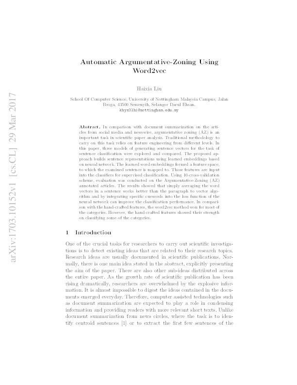 Automatic argumentative-zoning using word2vec Thumbnail