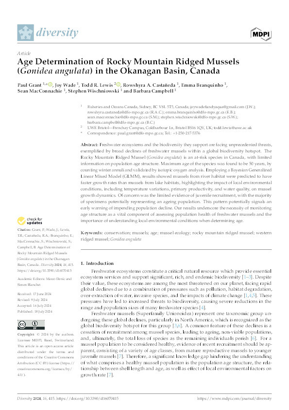 Age determination of Rocky Mountain Ridged Mussels (Gonidea angulata) in the Okanagan Basin, Canada Thumbnail