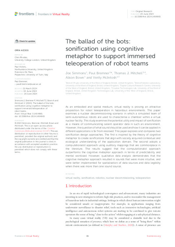 The ballad of the bots: Sonification using cognitive metaphor to support immersed teleoperation of robot teams Thumbnail