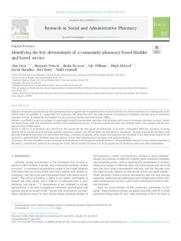 Identifying the key determinants of a community pharmacy based bladder and bowel service Thumbnail