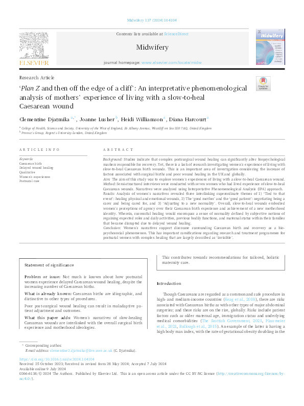 ‘Plan Z and then off the edge of a cliff’: An interpretative phenomenological analysis of mothers’ experience of living with a slow-to-heal Caesarean wound Thumbnail