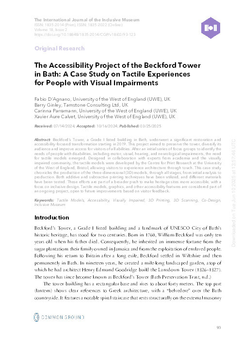 The accessibility project of the Beckford Tower in Bath: A case study on tactile experiences for people with visual impairments Thumbnail