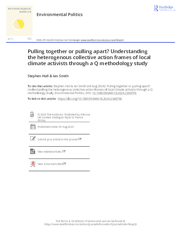 Pulling together or pulling apart? Understanding the heterogenous collective action frames of local climate activists through a Q methodology study Thumbnail