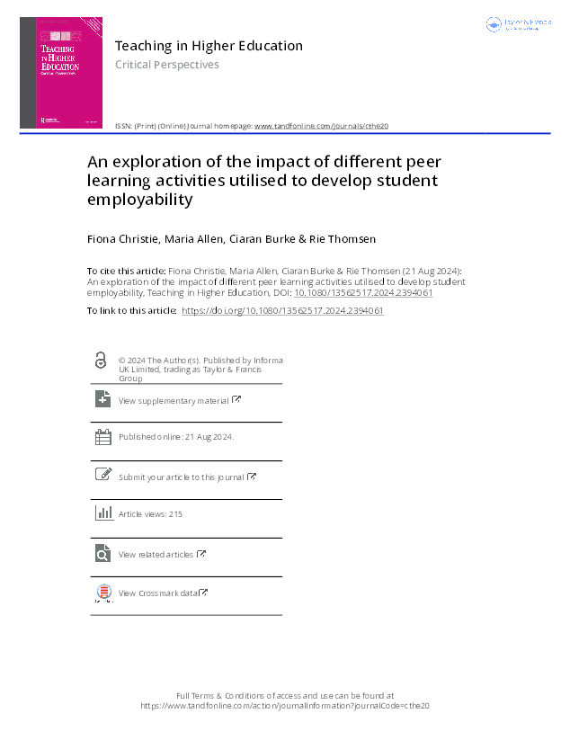 An exploration of the impact of different peer learning activities utilised to develop student employability Thumbnail