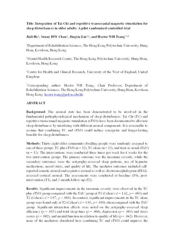 Integration of tai chi and repetitive transcranial magnetic stimulation for sleep disturbances in older adults: A pilot randomized controlled trial Thumbnail