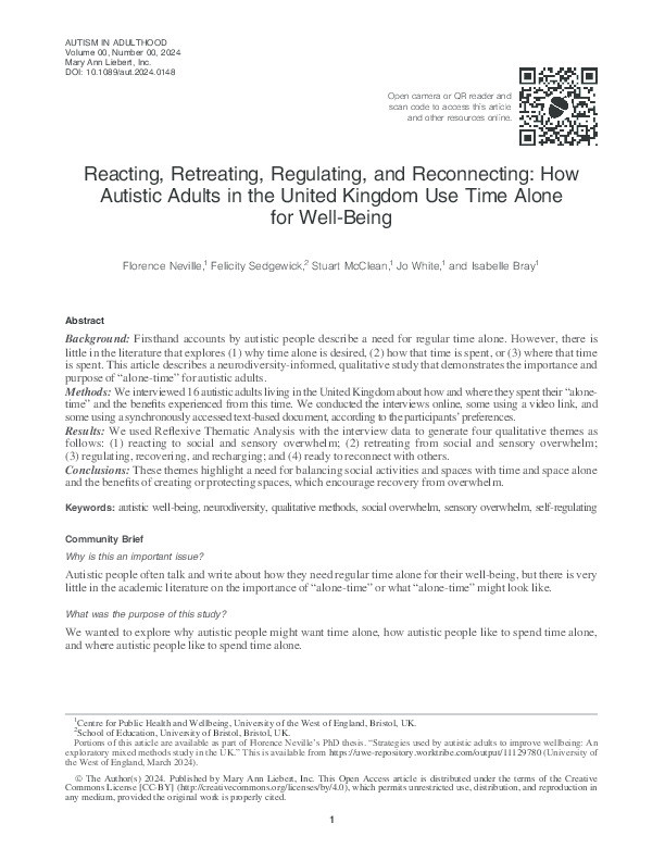 Reacting, retreating, regulating, and reconnecting: How autistic adults in the United Kingdom use time alone for well-being Thumbnail