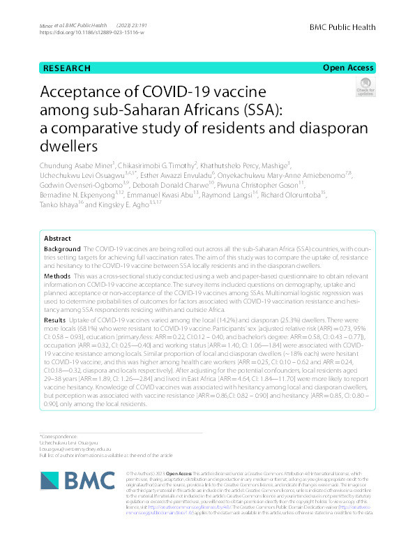 Acceptance of COVID-19 vaccine among sub-Saharan Africans (SSA): A comparative study of residents and diasporan dwellers Thumbnail