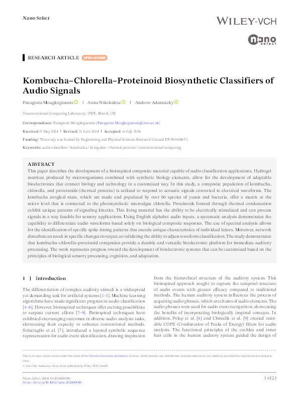 Kombucha-chlorella-proteinoid biosynthetic classifiers of audio signals Thumbnail