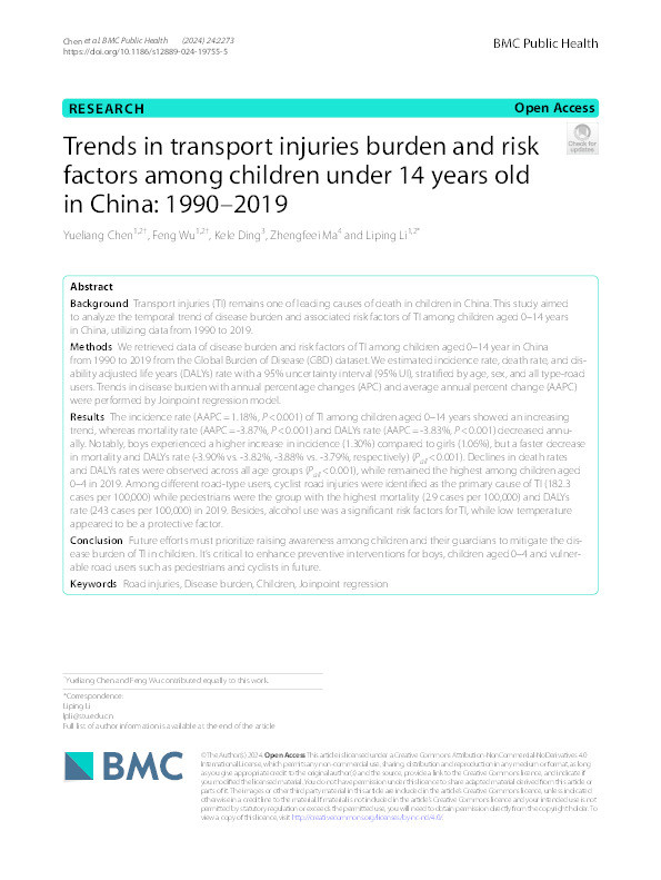 Trends in transport injuries burden and risk factors among children under 14 years old in China: 1990–2019 Thumbnail