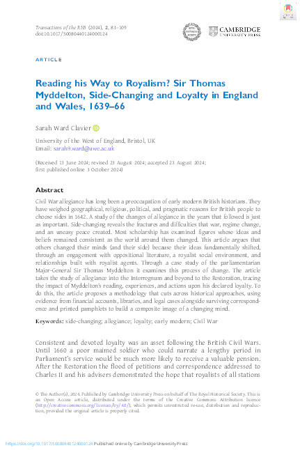 Reading his way to royalism? Sir Thomas Myddelton, side-changing and loyalty in England and Wales, 1639-1666 Thumbnail