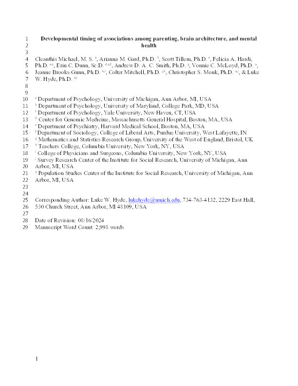 Developmental timing of associations among parenting, brain architecture, and mental health Thumbnail