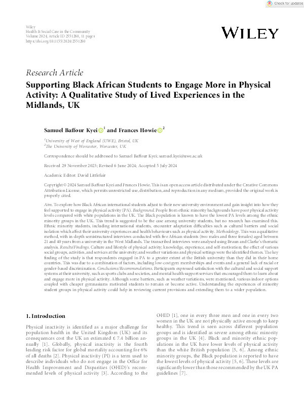 Supporting Black African students to engage more in physical activity: A qualitative study of lived experiences in the Midlands, UK Thumbnail