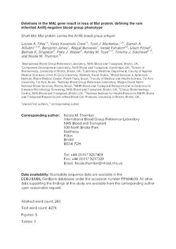 Deletions in the MAL gene result in loss of Mal protein, defining the rare inherited AnWj-negative blood group phenotype Thumbnail