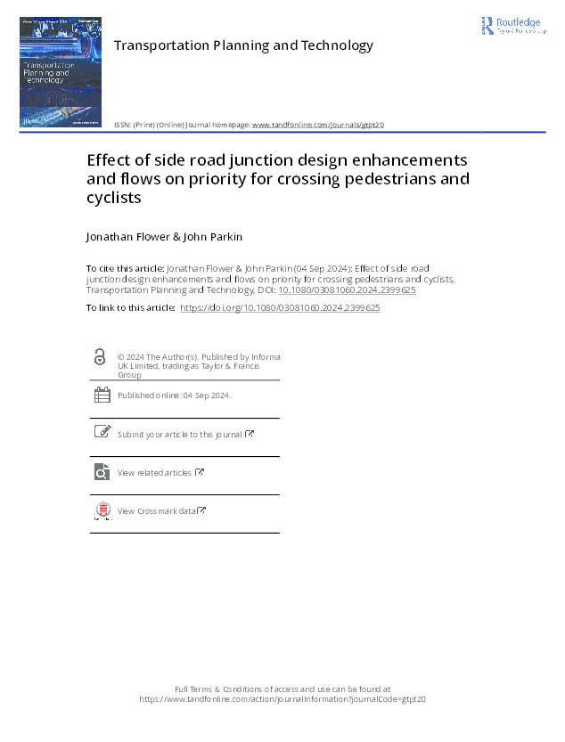 Effect of side road junction design enhancements and flows on priority for crossing pedestrians and cyclists Thumbnail