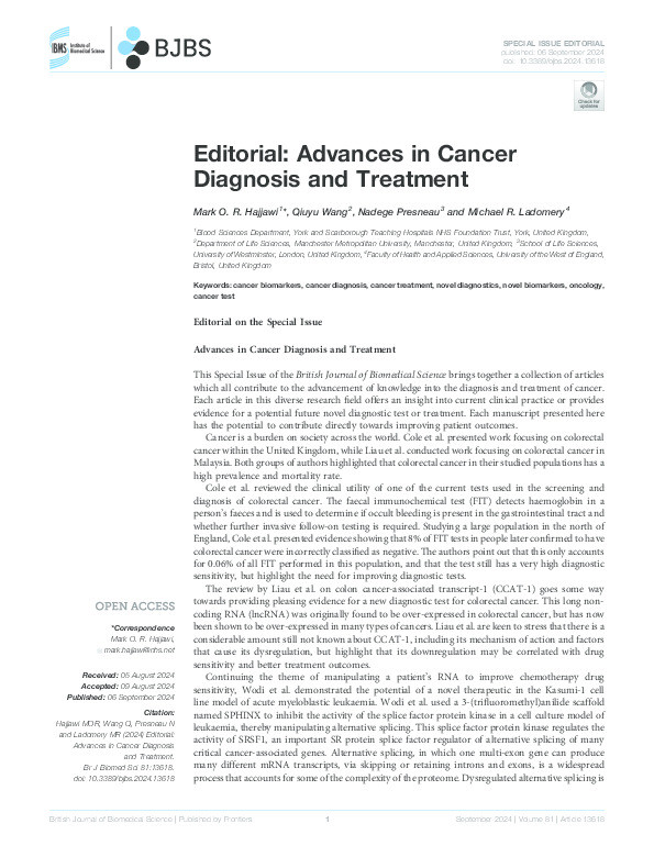 Advances in cancer diagnosis and treatment Thumbnail