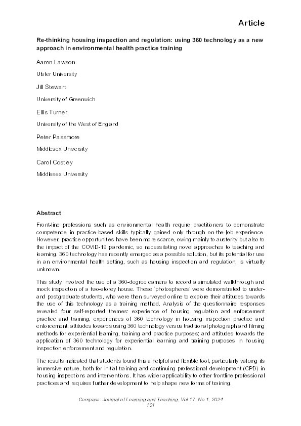 Re-thinking housing inspection and regulation: Using 360 technology as a new approach in environmental health practice training Thumbnail