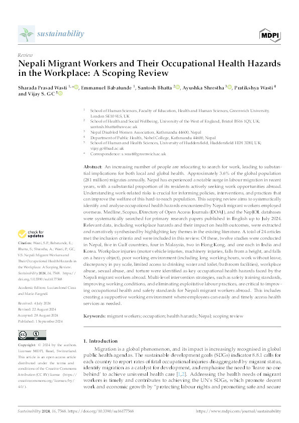 Nepali migrant workers and their occupational health hazards in the workplace: A scoping review Thumbnail