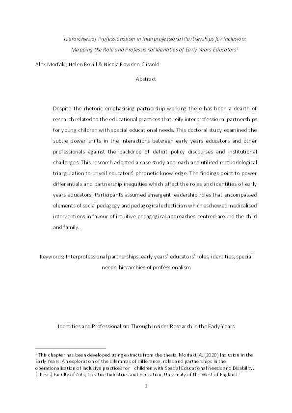 Hierarchies of professionalism in interprofessional partnerships for inclusion: Mapping the role and professional identities of early years educators Thumbnail