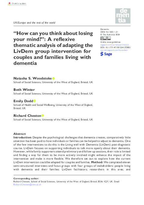 "How can you think about losing your mind?": A reflexive thematic analysis of adapting the LivDem group intervention for couples and families living with dementia Thumbnail