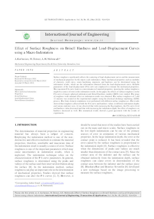 Effect of surface roughness on brinell hardness and load-displacement curves using a macro indentation Thumbnail
