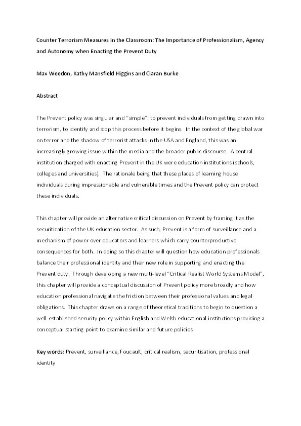 Counter terrorism measures in the classroom: The importance of professionalism, agency and autonomy when enacting the Prevent duty Thumbnail