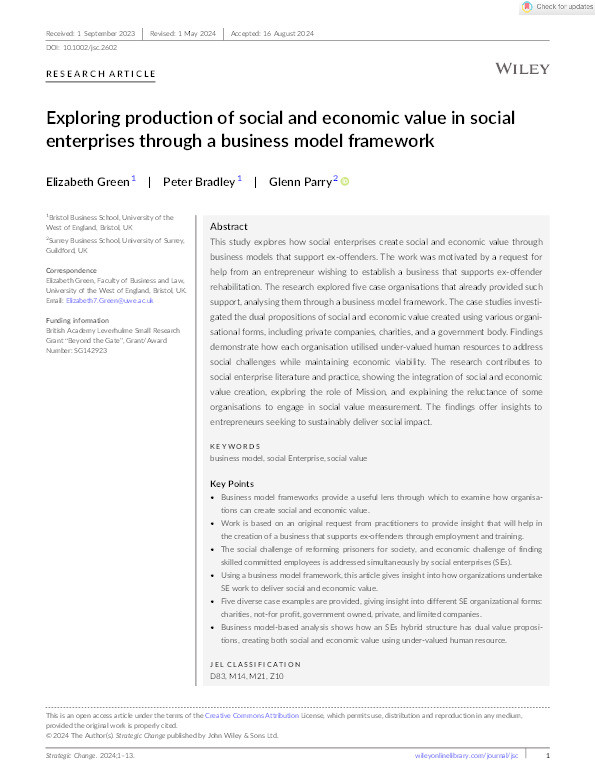 Exploring production of social and economic value in social enterprises through a business model framework Thumbnail