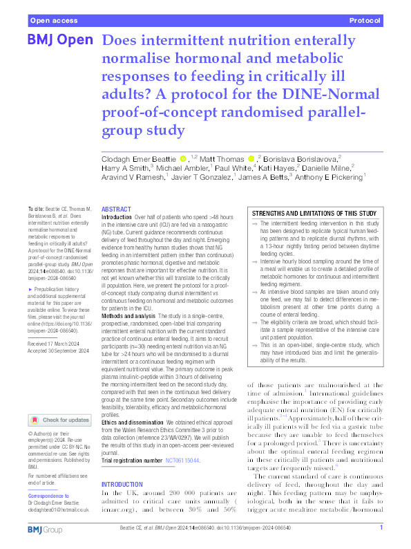 Does intermittent nutrition enterally normalise hormonal and metabolic responses to feeding in critically ill adults? A protocol for the dine-normal proof-of-concept randomised parallel group study Thumbnail