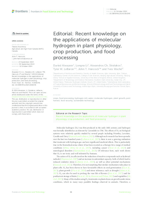 Recent knowledge on the applications of molecular hydrogen in plant physiology, crop production, and food processing Thumbnail