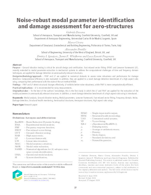 Noise-robust modal parameter identification and damage assessment for aero-structures Thumbnail