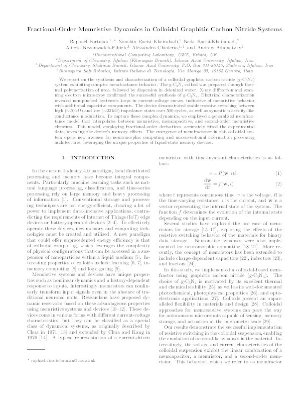 Fractional-order memristive dynamics in colloidal graphitic carbon nitride systems Thumbnail