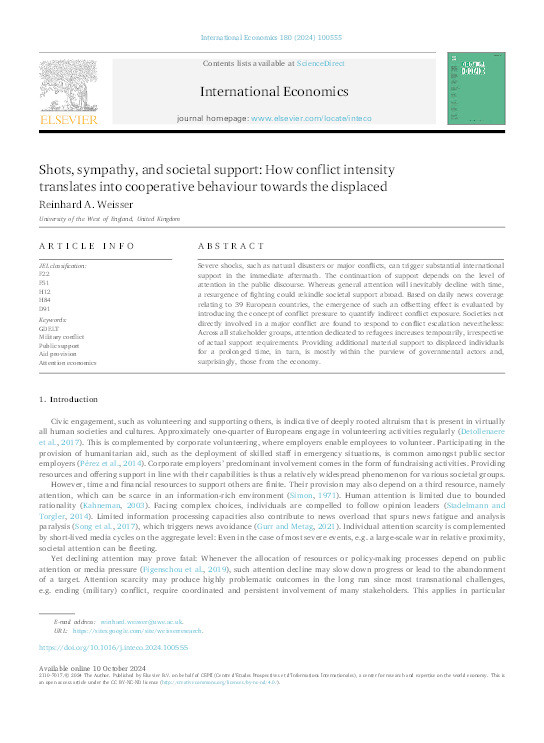 Shots, sympathy, and societal support: How conflict intensity translates into cooperative behaviour towards the displaced Thumbnail