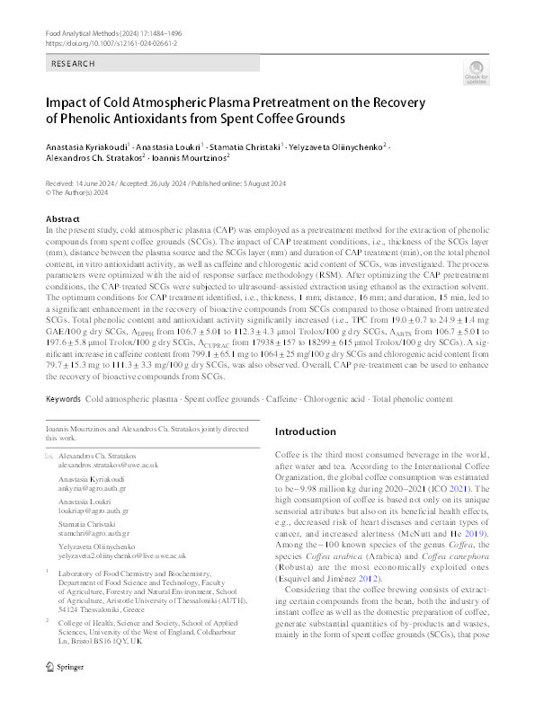 Impact of cold atmospheric plasma pretreatment on the recovery of phenolic antioxidants from spent coffee grounds Thumbnail