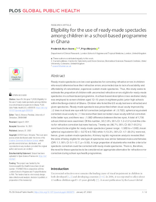 Eligibility for the use of ready-made spectacles among children in a school-based programme in Ghana Thumbnail