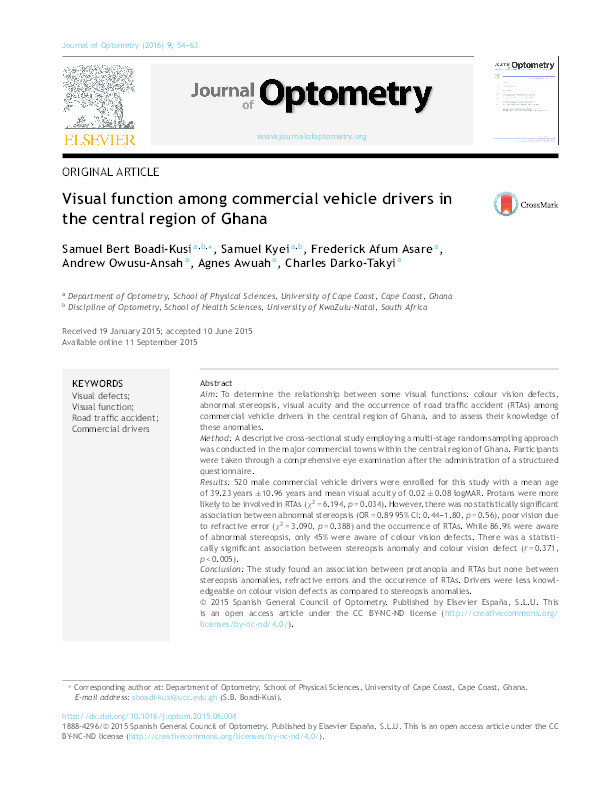 Visual function among commercial vehicle drivers in the central region of Ghana Thumbnail