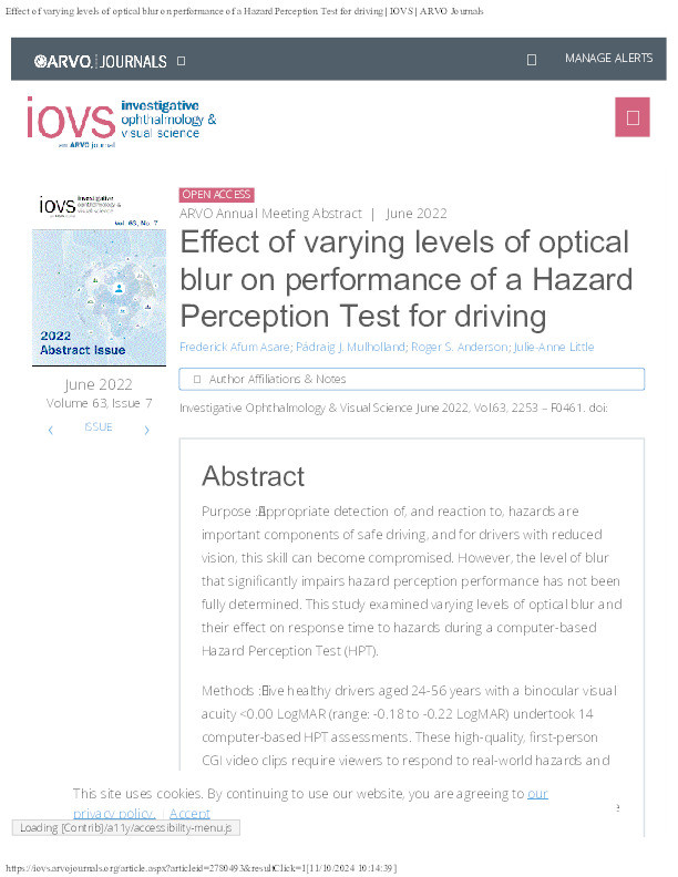 Effect of varying levels of optical blur on performance of a hazard perception test for driving Thumbnail