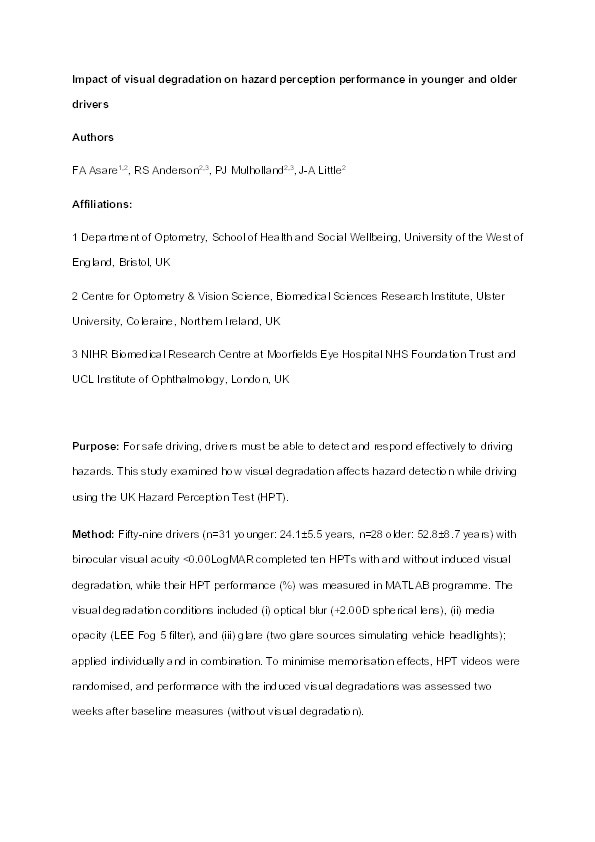 Impact of visual degradation on hazard perception performance in younger and older drivers Thumbnail