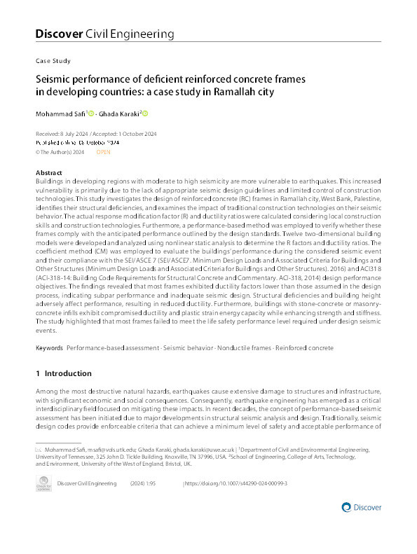 Seismic performance of deficient reinforced concrete frames in developing countries: A case study in Ramallah City Thumbnail