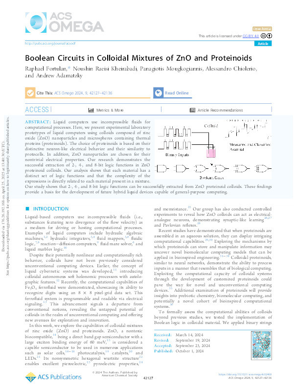 Boolean circuits in colloidal mixtures of ZnO and proteinoids Thumbnail