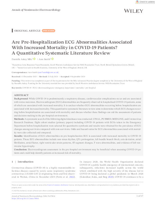 Are pre‐hospitalization ECG abnormalities associated with increased mortality in COVID‐19 patients? A quantitative systematic literature review Thumbnail