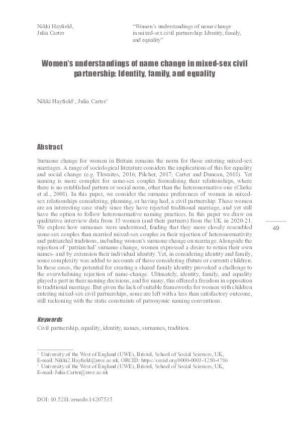 Women’s understandings of name change in mixed-sex civil partnership: Identity, family, and equality Thumbnail