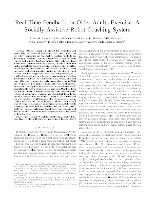 Real-time feedback on older adults exercise: A socially assistive robot coaching system Thumbnail