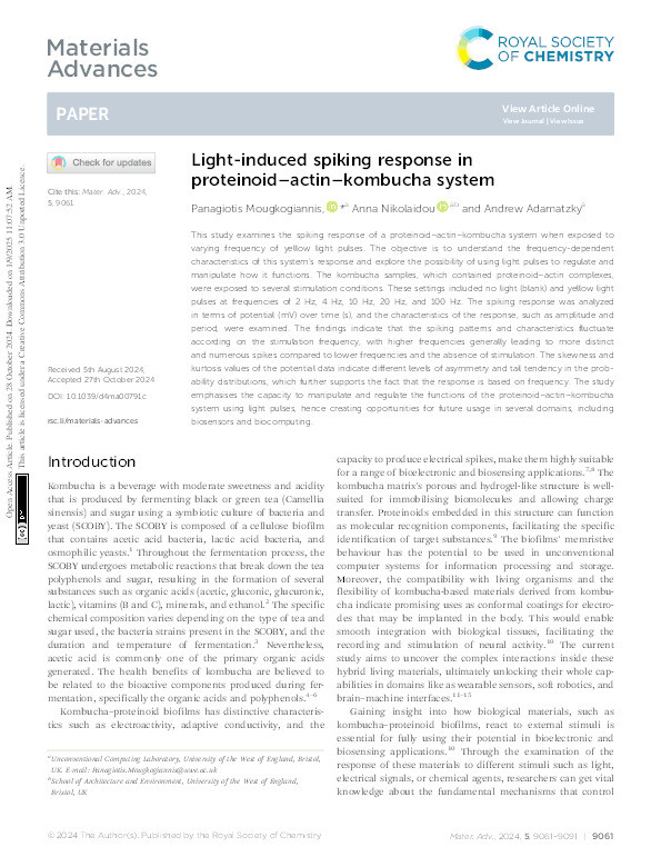 Light-induced spiking response in proteinoid-actin-kombucha system Thumbnail