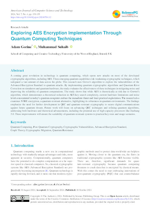 Exploring AES encryption implementation through quantum computing techniques Thumbnail