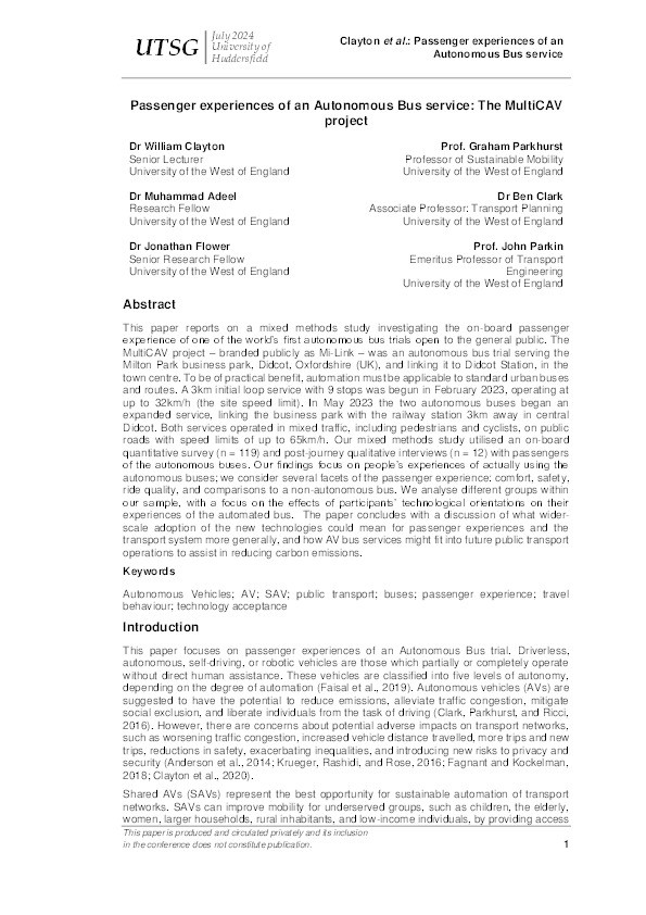 Passenger experiences of an Autonomous Bus service: The MultiCAV project Thumbnail