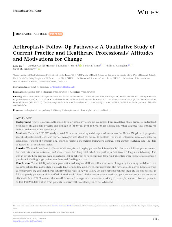 Arthroplasty follow‐up pathways: A qualitative study of current practice and healthcare professionals' attitudes and motivations for change Thumbnail