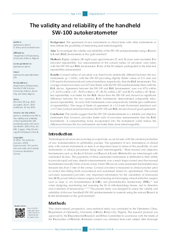 The validity and reliability of the handheld SW-100 autokeratometer Thumbnail