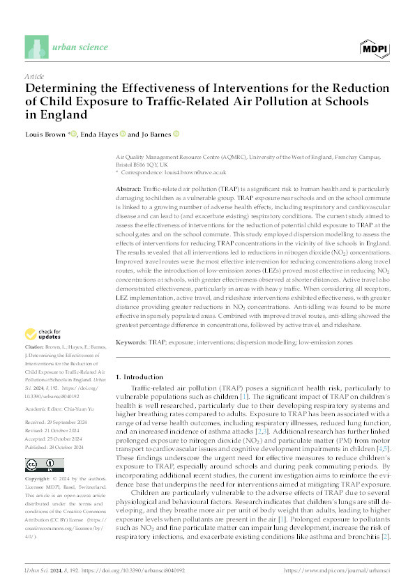 Determining the effectiveness of interventions for the reduction of child exposure to traffic-related air pollution at schools in England Thumbnail