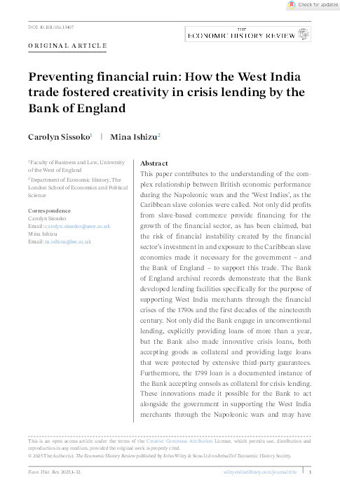 Preventing financial ruin: How the West India trade fostered creativity in crisis lending by the Bank of England Thumbnail