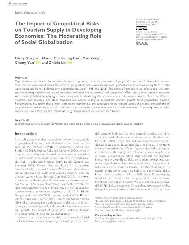 The impact of geopolitical risks on tourism supply in developing economies: The moderating role of social globalization Thumbnail