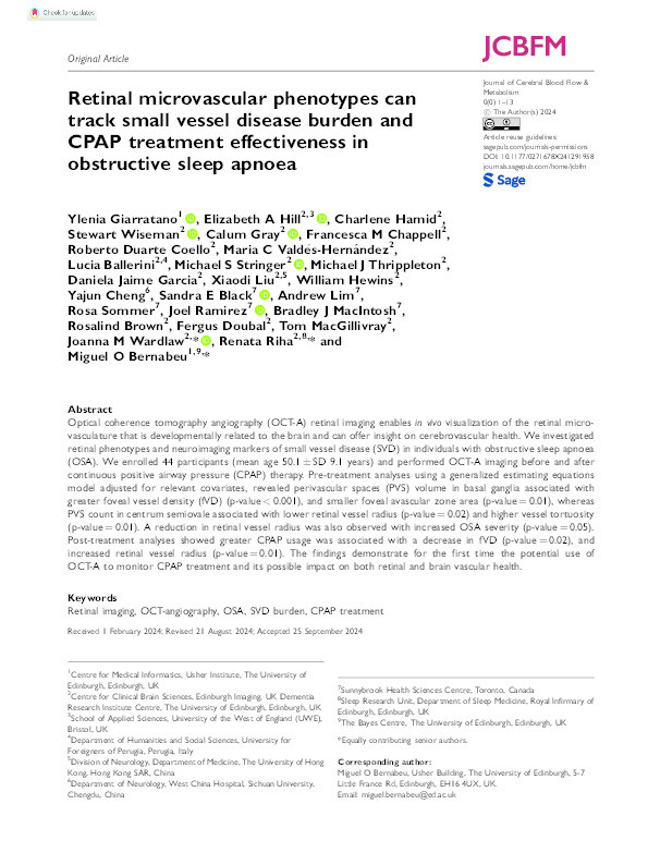 Retinal microvascular phenotypes can track small vessel disease burden and CPAP treatment effectiveness in obstructive sleep apnoea Thumbnail